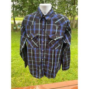Mens Stop Black & Blue Plaid Western Snap Button Long-Sleeve Shirt With Front Po